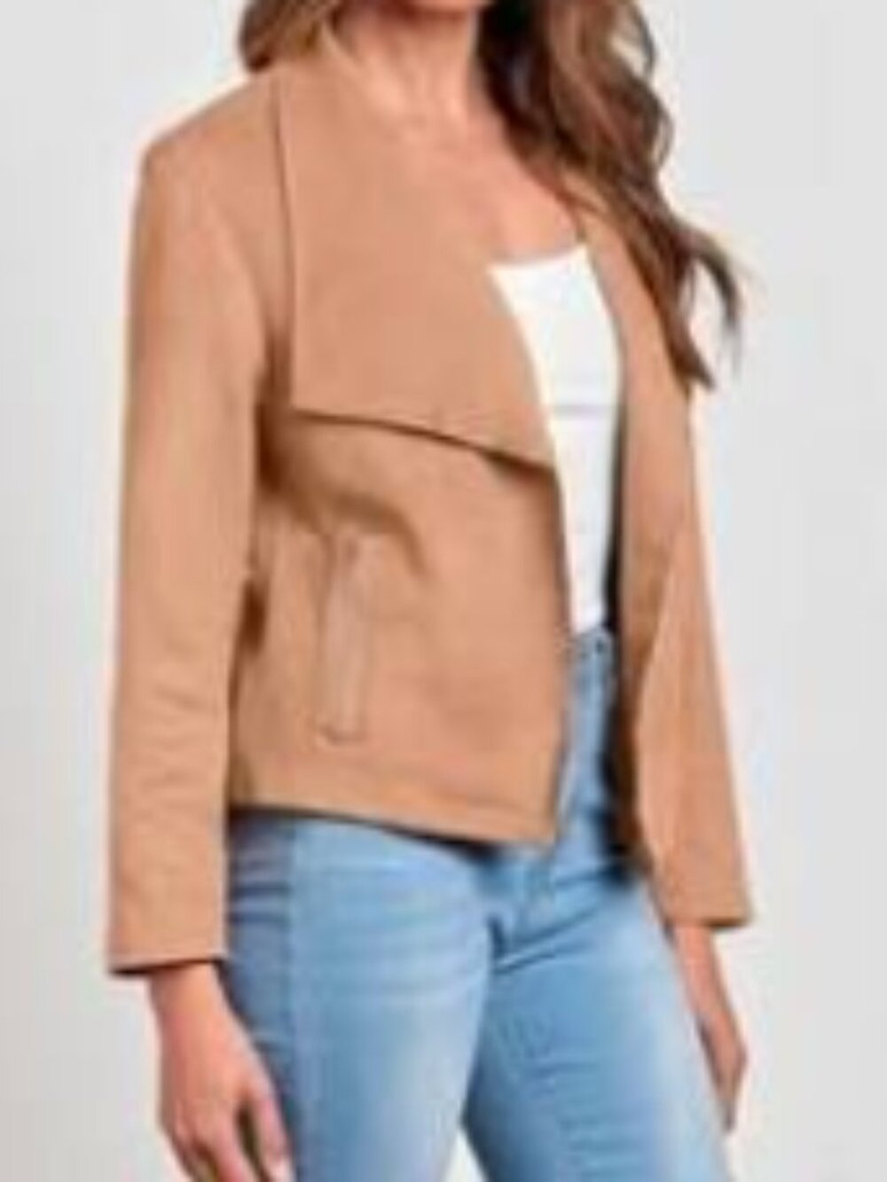 Beechers Brook NY Camel Faux Suede Drape Open Blazer L